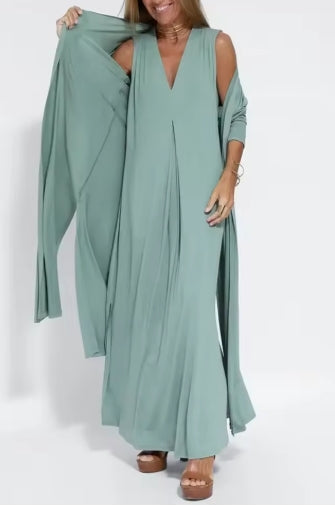 Robe unie sans manches avec cardigan long assorti